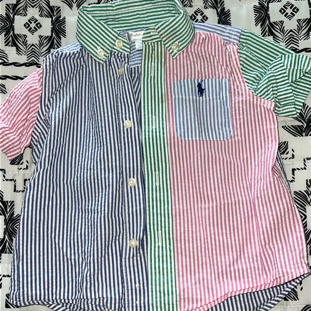 Blue and Pink Button Down Shirt with Striped Design